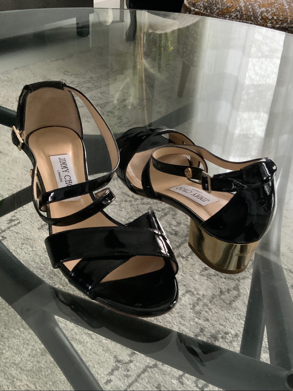 Jimmy Choo Black Patent Leather Strappy Heels with Gold Block Heel 38 1/2
